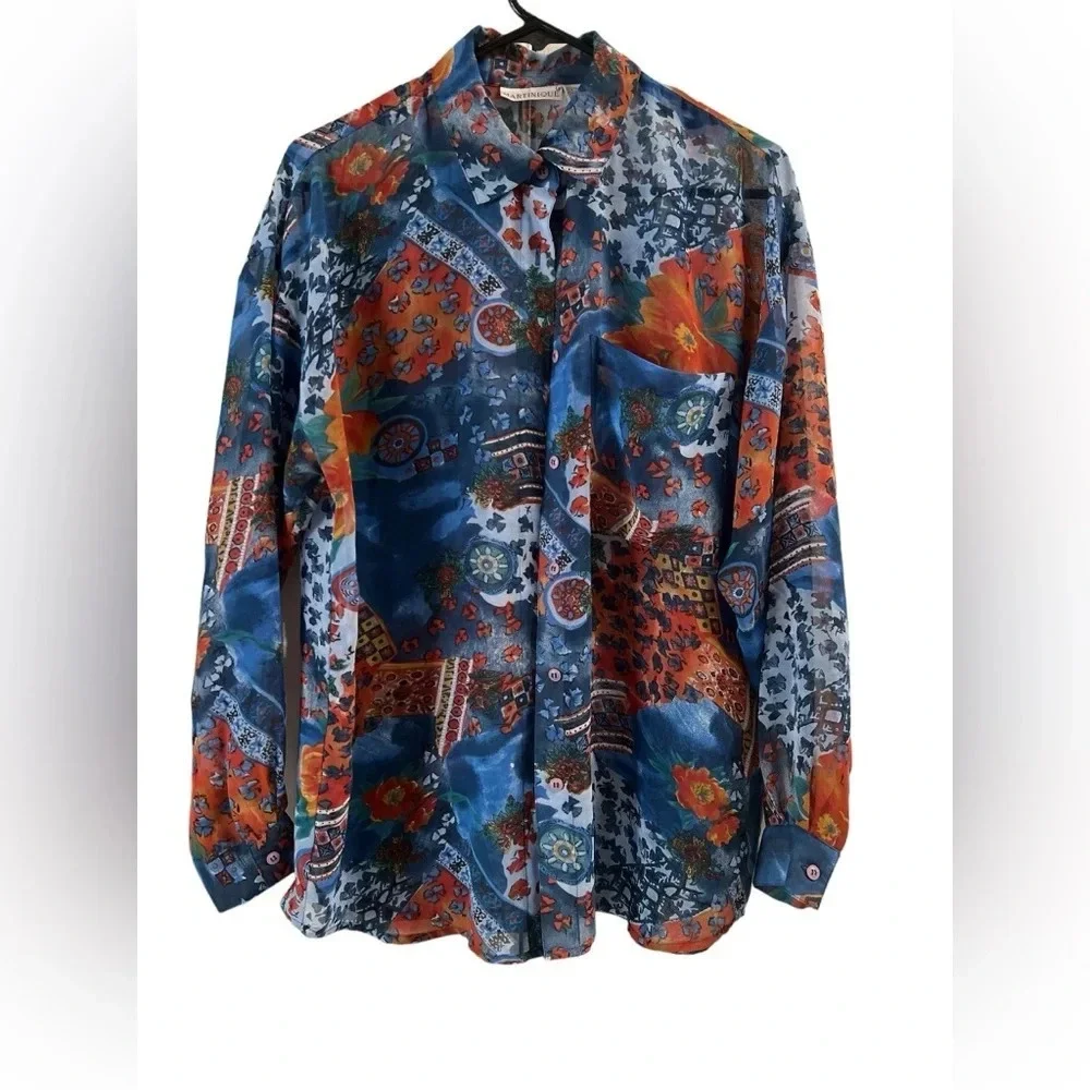 Vintage floral blue and orange Greece button up blouse